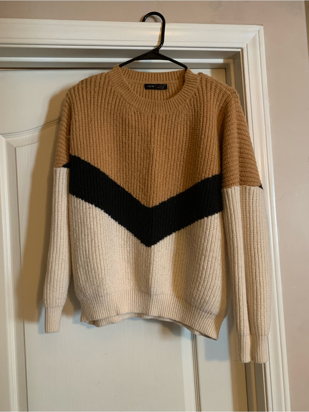 Colorblock Crewneck Sweater - Tan, Black & Cream